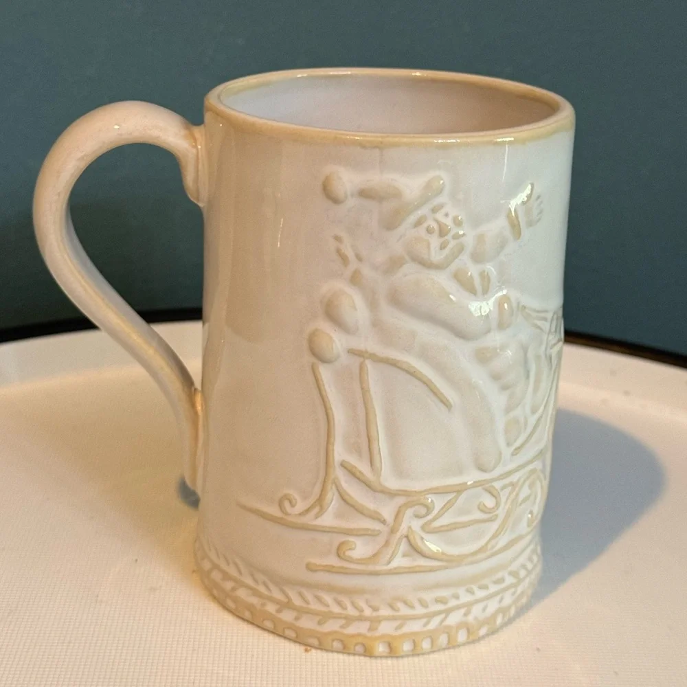Williams Sonoma Winter Santa and Reindeer Sleigh Embossed Ivory Mug Christmas